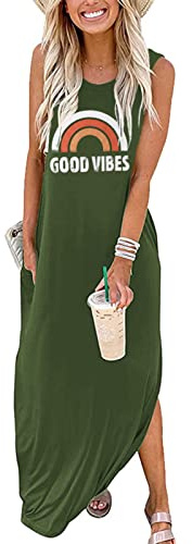 Summer Maxi Dresses for Women 2026 Casual Sleeveless Loose Beach Good Vibes T Shirt Dresses with Pockets