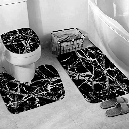 JIFOME Ensemble Tapis de Bain, Carpettes de Toilette 3 Pièces,Fond de marbre en Noir et Blanc,Tapis WC Antidérapant Doux Absorbant pour la Salle de Bain/WC