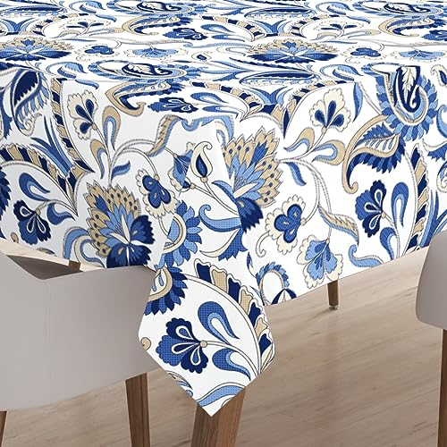 Encasa XO Polyester Bedruckte Tischdecke, Tischdecke aus Twill-Stoff, wasserabweisend, Länge 140x240 cm für rechteckigen Esstisch 6 to 8 Seater. Maschinenwaschbar, langlebig - Chintz Blue