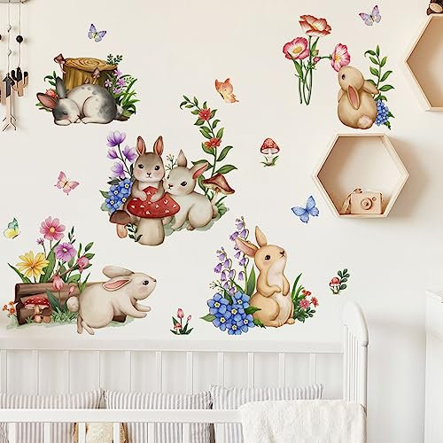 Timelesslong Cute Bunny Wall Decals Rabbits Flower Vinyl Wall Sticker Removable Flowers Wall Murals Peel and Stick Floral Wall Decor Art Wallpaper for Baby Girls Nursery Kids Playroom Bedroom