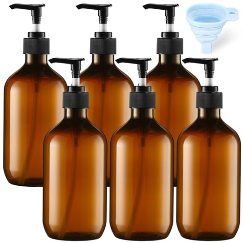 Sliner 6 Pcs Plastic Shampoo and Conditioner Dispenser Bottles 16.9 oz Shower Bottles with Pump 12 Pcs Labels and 1 Pcs Silicone Funnel Reusable Hand Soap Containers for Bathroom Shower(Amber)