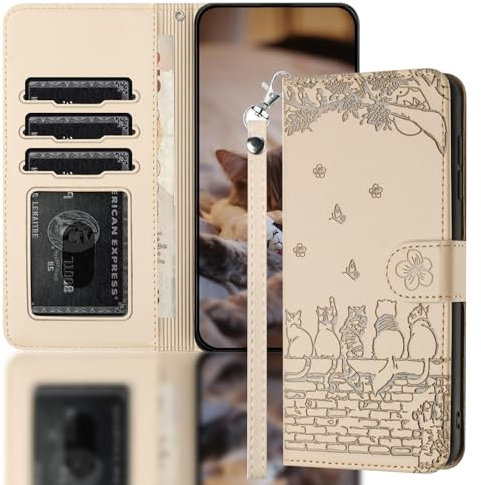 Nokverzy Coque pour Samsung Galaxy A53 5G Étui Housse Portefeuille Cuir Clapet Chat Thème Porte Carte Magnétique Protection Pochette Cover Étui Rabat Téléphone Portable pour Samsung A53 5G Beige