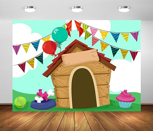 BELECO 2.1x1.5m Fabric Cartoon Dog House Backdrop Puppy Dog Party Backdrop Pet Dog Happy Birthday Party Balloons Decorations Background Cake Table Decor Banner Photo Booth Studio