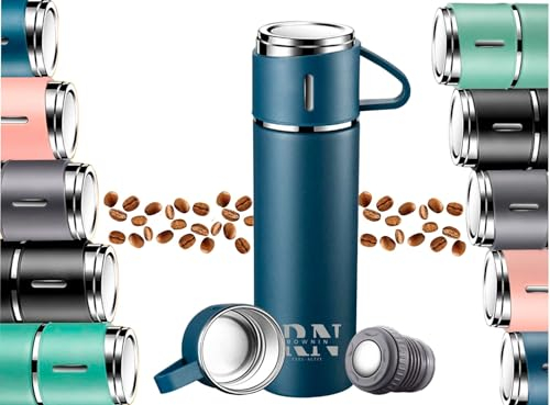 Termo Rownin Cafe Acero Inoxidable 304-18 horas - 500ml - Botella Termica a Prueba De fugas Aislamiento Antigoteo - Bebidas Calientes Por 18 Horas y Frías Por 18-3 Tazas De Recambio (Negro)
