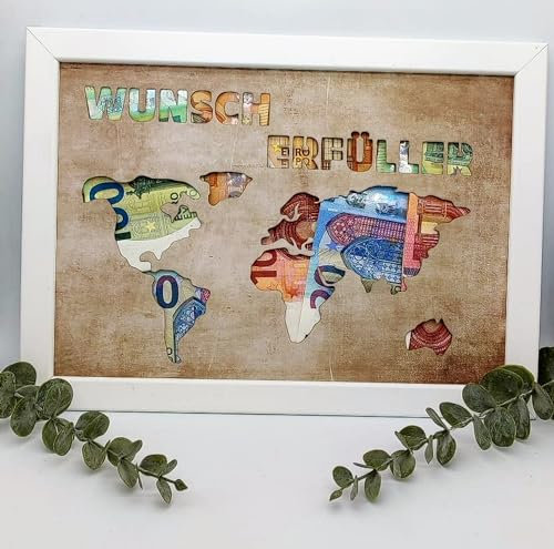 Geldgeschenk Geburtstag Wunscherfüller Geschenk zum verschenken zum Geburtstag Weihnachten Geld mit Bilderrahmen DinA4 Weiß (Weltkarte)