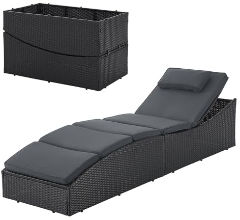 Juskys sdraio pieghevole Lamia – Da giardino, balcone, esterno – Polyrattan con cuscino e poggiatesta regolabile – Caricabile fino a 160 kg – Nero