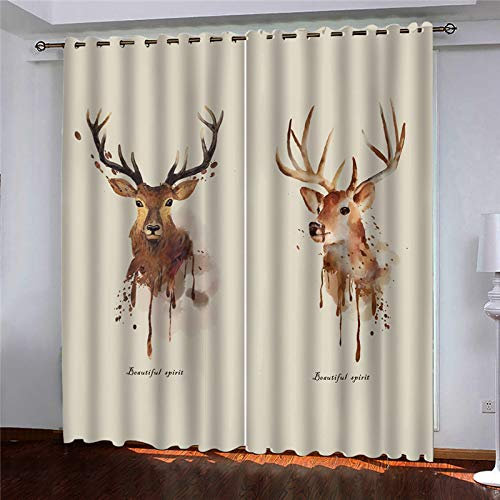 GANKAS Vorhänge Wohnzimmer Modern Blickdicht 2Er Set 3D Tier-Elch-Druck Muster Schlaufenschal Verdunkelungsvorhang Vorhänge Lärmminderung Gardinen Fensterdekoration 210X220cm(HxB)