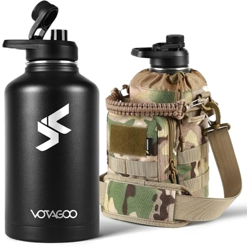 VOTAGOO GEAR 64Oz Tactical Water Bottle - Half Gallon Stainless Steel Insulated Water Bottle, Metal Military Bottle with Rugged, Removable Sleeve Tactical Carrier Bag for Hiking Camping Hunting (CP)