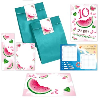 10 Einladungskarten zum 10. Kindergeburtstag Mädchen Wassermelone Einladung zehnte Mädchengeburtstag incl. 10 Umschläge, 10 Tüten/petrol, 10 Aufkleber, 10 Lesezeichen, 10 Blöcke, 10 Schiffe versenken