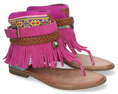 shoes&blues.es Sandalia Plana para Mujer, con Flecos, Detalles Bohemios, de Tipo Esclava y Hebilla Ajustable para Un Estilo Unico.