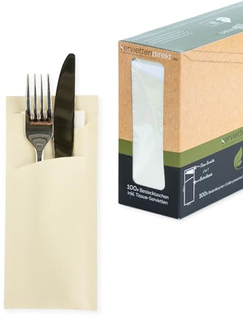 PRIME GUEST Bestecktasche Creme Champagner 85 x 190 mm Bestecktaschen mit Servietten ideal für Gastronomie und Feiern (Champagner, 100 Stück)