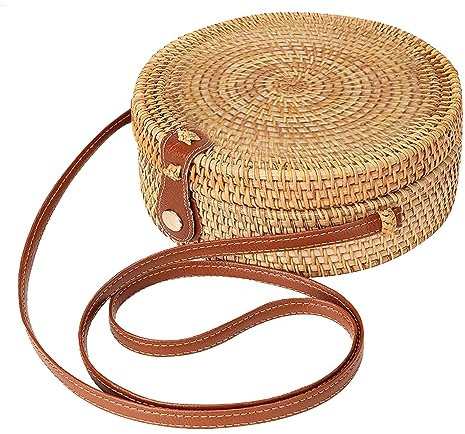 Rattan Crossbody Bag, Circle Rattan -Tasche, runde gewebte Umhängetasche mit Lederband und Schnalle, modische Sommerstrandtasche für Frauen Reisen