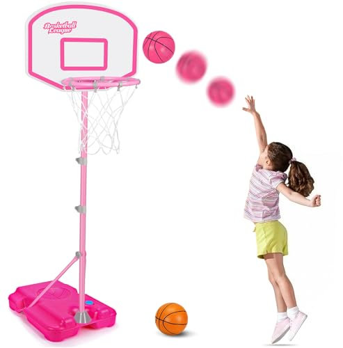 AOKESI Kids Basketball Hoop Stand,Adjustable Height Basketball Set 3.5ft-5.5ft,Toddler Sports Toys for 3-8 Years Old(Pink)