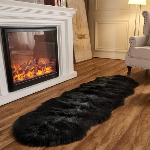 JXLOULAN Faux Lammfell Schaffell Teppich Schwarz 80x180 cm, Flauschiger Teppich Wohnzimmer Deko Longhair Weicher Fell Carpet für Stühle Sofa Schlafzimmer Kinderzimmer