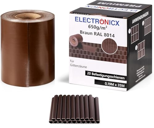 Electronicx Premium PVC Sichtschutzstreifen RAL 8014 Braun Hochwertige Zaunfolie Doppelstabmatten 35m x 19 cm 650g/m² UV-beständig, extra langlebig, Blickdicht, inkl. 20 Befestigungsclips
