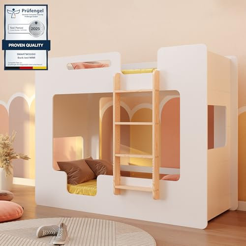 smartwood Etagenbett 70x160 cm in Weiß - Hochbett aus Holz mit Rausfallschutz & Lattenrost bis 230 kg belastbar für Jungen & Mädchen - Mimi B
