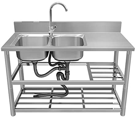 Edelstahl-Waschbecken, gewerbliches Restaurant-Spülbecken, Heimspüle, Doppelbecken-Küchenspülen, freistehend, inklusive Werkbank und Lagerregalen, Wasserhahn-Kombination, Abflusssieb-Set, für drinnen