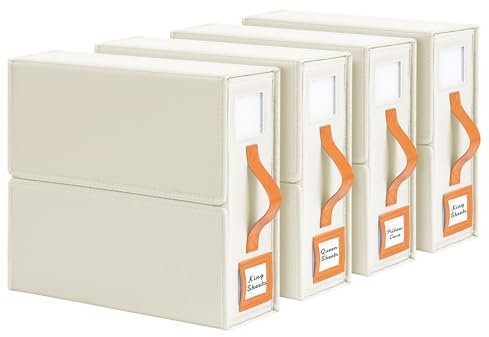 DIMJ Folding Bed Sheet Organisers - 4 Pack Bedding Storage Boxes with Leather Handle and Window, Closet Organizer with Zip for Sheets, Duvet Covers, Clothes, Blankets, Towels (Beige)