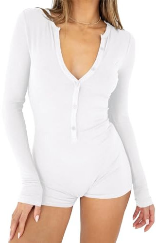 LACOZY Winter V Neck Jumpsuits for Women Long Sleeve Shorts Romper Unitard Jumpsuit One Piece Gym Yoga Romper With Button Down White S