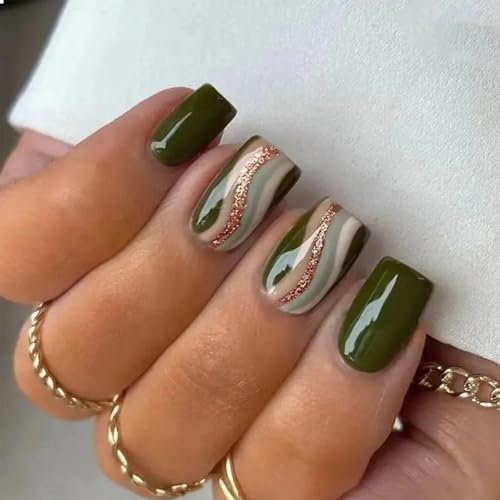 GlamRays 24 Pieces Green Press On Nails Short Glitter Sequins Short Coffin Swirl False Nails for Women Girls Daily Wear Beautiful Nails Adhesive