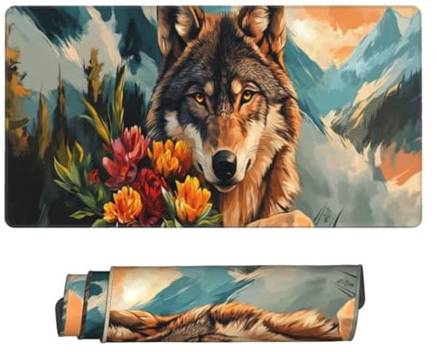 Tapis de Souris XXL Gaming 1200x600x3mm, Tapis de Souris Wolf Flower, Tapis de Souris Large Gaming, Souris Tapis avec Base en Caoutchouc Anti-Glissant, pour Maison Bureau Femmes Cadeaux Mouse Pad H284