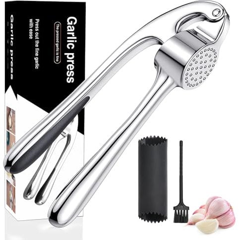 Knoblauchpresse aus Edelstahl, professionelle Küche, Knoblauchzerkleinerer, leicht zu reinigen und langlebig, silberfarben, Silber