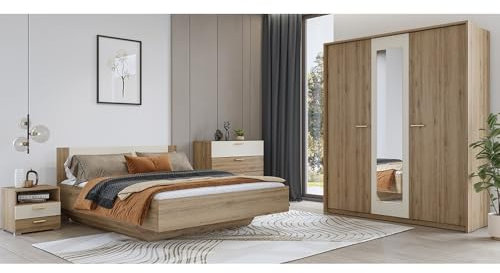Lomadox Schlafzimmer Set Bettgestell 180x200 cm Lattenrost klappbar Kleiderschrank Passepartout Rahmen Nachtkommode Kommode Eiche beige