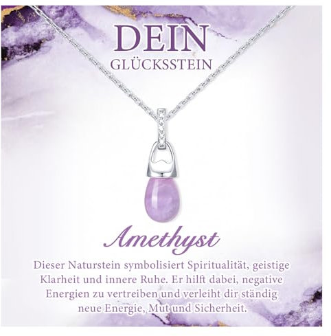 Amethyst Kette Damen Halsketten für Frauen - 18K Weißgold Schmuck Glückskette mit Naturstein Amethyst Anhänger, Kristall Glücksstein Halskette, Heilsteine Kette Geschenke für Frauen