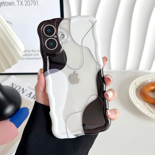 DEFBSC Compatible with iPhone 16 Case, Cute Wavy Curly Shape Colour Mix Aesthetic Design Durable Stylish Shockproof Full Camera Protection Clear Phone Cover for Girls Women - Black