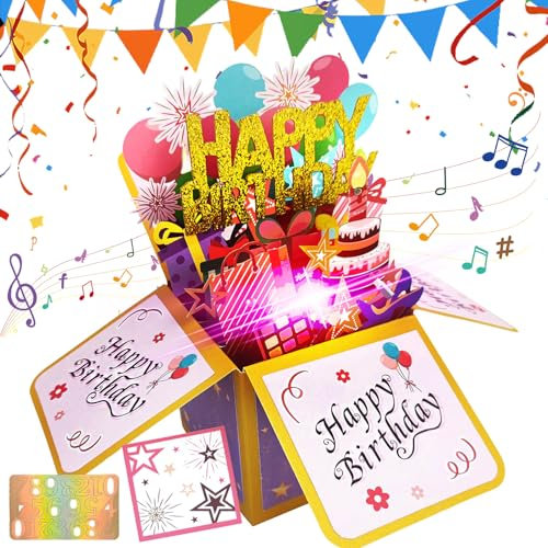 YOUYIKE Caja de Regalo Emergente 3D, Tarjeta de Feliz, Tarjetas Pop Up 3d Cumpleaños de Música con Vela de Luz LED y 0-9 Números, Regalo de Cumpleaños para Mujeres, Hombres y Niños