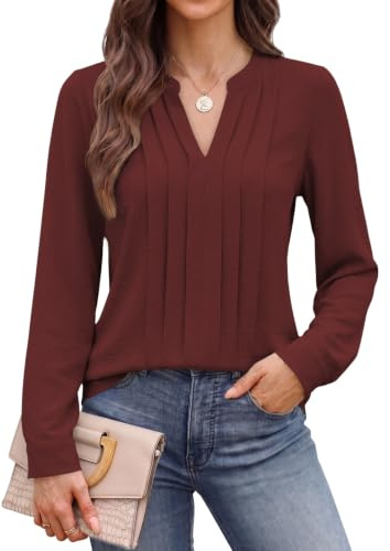 Cuptacc Women Tops Long Sleeve Chiffon V-Neck Blouses Wine Red L 16-18