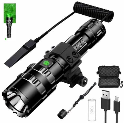 DYZYXJ Linterna LED recargable L2 USB, 1600 lúmenes, luz superbrillante, 5 modos, con soporte para riel Picatinny y interruptor de presión (Luz verde)