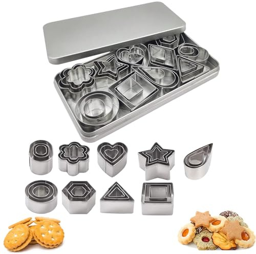 Mini Ausstecher Set, 30 Stück Edelstahl Ausstechformen, Plätzchenausstecher, Geometrische Ausstechforme, Kleine Keksausstecher, für Tortendekorationen, Kekse, Mit Aufbewahrungsbox, Silber