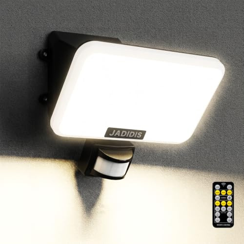 JADIDIS 30W Faretto Led da Esterno con Sensore di Movimento, 3600LM Faro LED Esterno con Telecomando, 132 Leds 4 Modalità Luci di Sicurezza, IP65 Lampade da parete per Garage Cortile Giardino