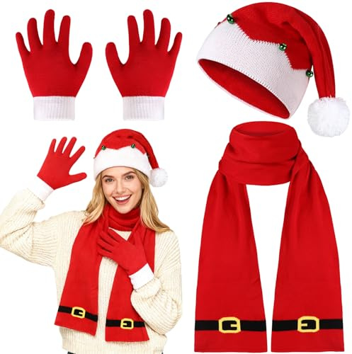 Beipegin Weihnachtsmütze und Schal Handschuh Sets,Winter Wärmer Häkel Strickmützen Weihnachtsschal Santa Mütze Weihnachtsfeier für Herren Damen