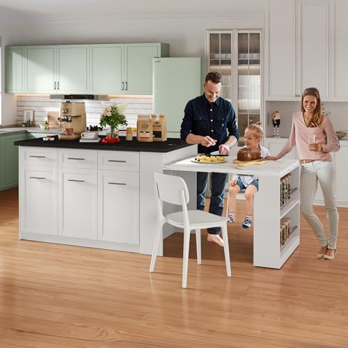 Vepssder Isla de cocina multifuncional con mesa de comedor extensible, cajones, estantes laterales abiertos, armarios de almacenamiento integrados, mesa de cocina con espacio de almacenamiento