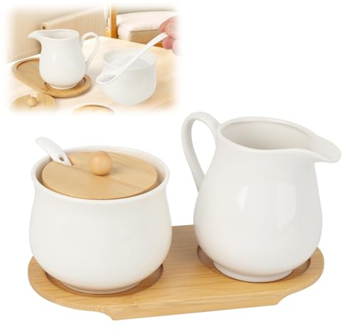 Juego de Leche y Azúcar Blanco, 260ml Jarra Leche de Cerámica y Azucarero con Cuchara y Tapa, Juego de Porcelana para Servir Café y Té con Bandeja de Madera, Apto para Microondas y Lavavajilla