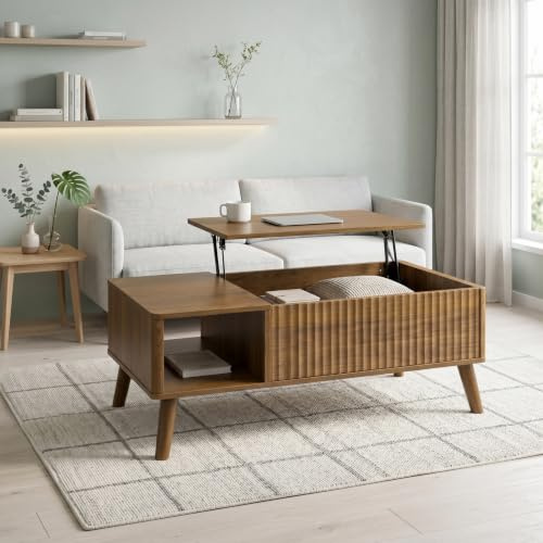 HollyHOME höhenverstellbarer Couchtisch,95 cm Kaffeetisch für das Wohnzimmer,Teetisch mit Massivholzbeinen,verstecktem Staufach und offener Ablage,Braun