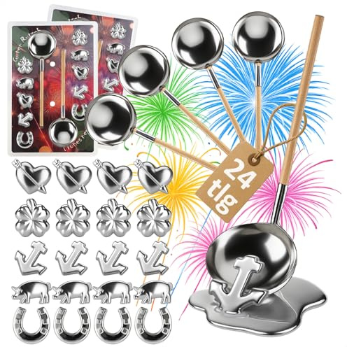 Robin Goods® 24-teiliges Zinngießen-Set mit Figuren und Holzstiel-Löffel | Silvestergießen Partyspiel zum Wahrsagen & Orakeln - Gesunde Alternative zum Bleigießen - Familien-Spaß