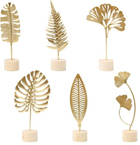 Keboyoe 6 Stück Gold Moderne Blattskulptur Aufsteller Silhouette Dekorative | Ginkgoblatt Statue Deko Kreative Ginkgo Leaf Statue für Home, Büro, Schlafzimmer, Wohnzimmer