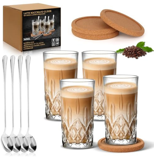 jiawaggag 4er Set Latte Macchiato Gläser 360 ml Longdrinkgläser Kaffeegläser mit 4 Löffeln und 4 Untersetzern Cappuccino Gläser Cocktailgläser aus Kristallglas Für Cappuccino Latte Tee Saft