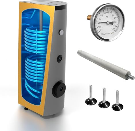 SUNEX Warmwasserspeicher 400L - Brauchwasserspeicher S2 mit 2 Wärmetauschern - für Solaranlage, Wärmepumpe und Kessel - Hochwertige Emaille 50mm PUR-Dämmung - inkl. Magnesiumanode & Thermometer