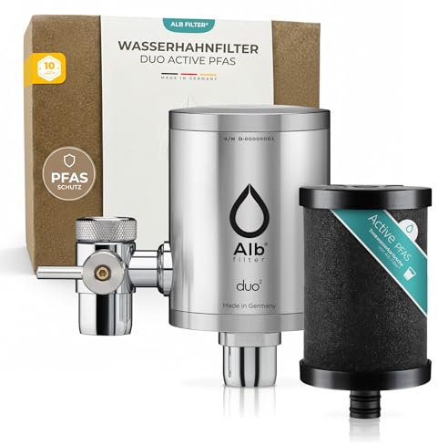 Alb Filter DUO ACTIVE PFAS Wasserfilter Wasserhahn Edelstahl Natur | PFAS- & Schadstoffreduktion, Aktivkohle Trinkwasserfilter Küche, schnelle Montage am Hahn, Made in Germany
