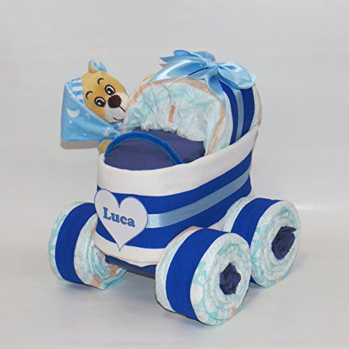 Windeltorte - Windelkinderwagen XL-ReifenHerz + Bär blau