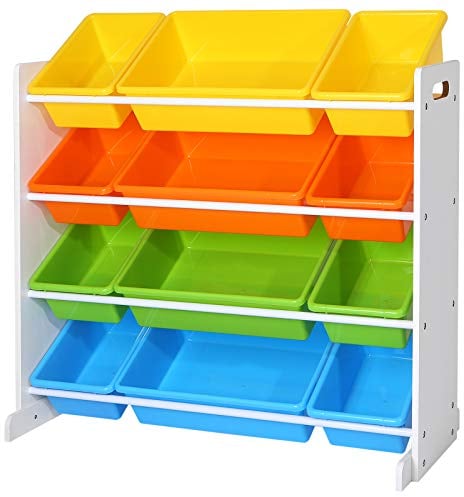 SONGMICS Children’s Toy Storage Unit Playroom Display Stand Unit with 4 Colour Removable PP Container Box with Density Board Frame Stand White 86 x 26.5 x 78 cm (W x D x H) GKR04W
