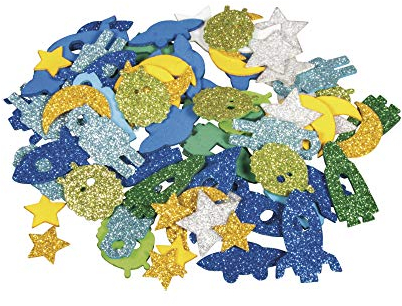 Rayher 30232000 Moosgummi Weltraum Mix Glitter, 2 - 3 cm, 80 Stück, selbstklebend, Farben/Motive gemischt, Glitter Schaumstoff Sticker, Moosgummi-Aufkleber, zum Dekorieren, Bunt