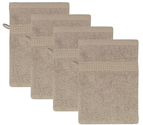 Class Home Collection Frottee Waschhandschuhe 16x21 cm – 4er Set Waschhandschuh – Besonders weiche & saugfähige Waschlappen aus 100% Baumwolle mit Aufhänger – Beige