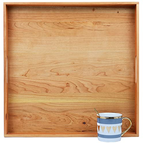 Magigo, vassoio grande quadrato in legno di ciliegia/noce con manici, per servire tè, caffè o colazione a letto, vassoio classico decorativo in legno 19X19 Ciliegia