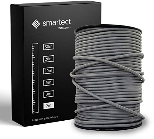 smartect Cavo Elettrico Tessile Grigio Oscuro, 2 Metri Filo Elettrico Vintage, Tripolare (3 x 0.75mm²) Cavo Elettrico Rivestito in Tessuto per Fai da Te