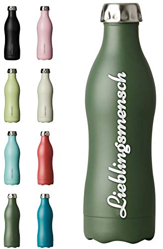 Dowabo Edelstahl Thermoflasche 500ml XXL Gravur Personalisiert mit Name oder Wunschtext - Olive